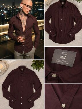 H&M Men's Slim Fit Button-Down Shirt - Deep Burgundy
